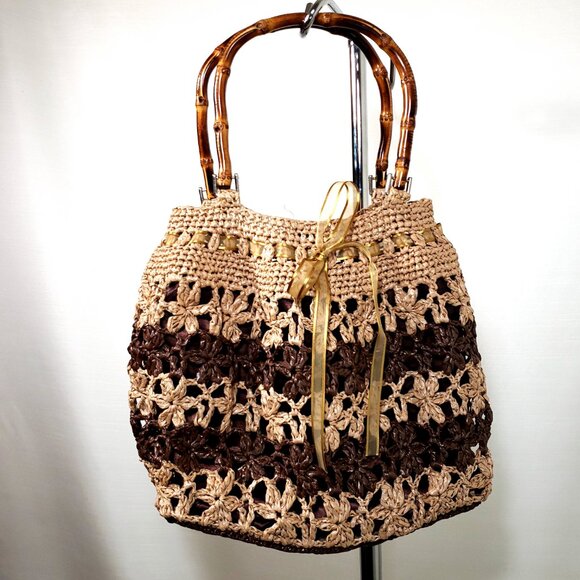 Vintage Woven Straw Rattan purse, Cottagecore Boho bow bamboo handle W/ wallet - Picture 8 of 9